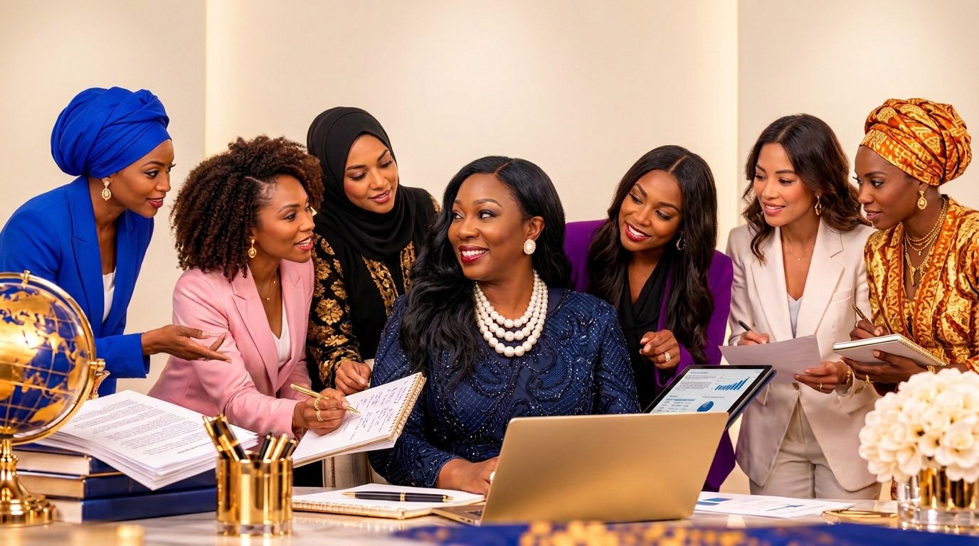 Diaspora businesswomen collaborating around a shared table